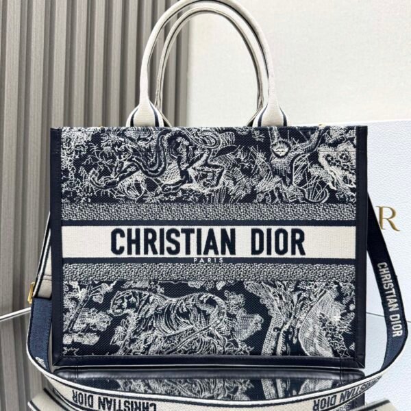 Dior New Blue Tiger Embroidery Leather with Shoulder Strap 【Medium】 Book Tote Shopping Bag