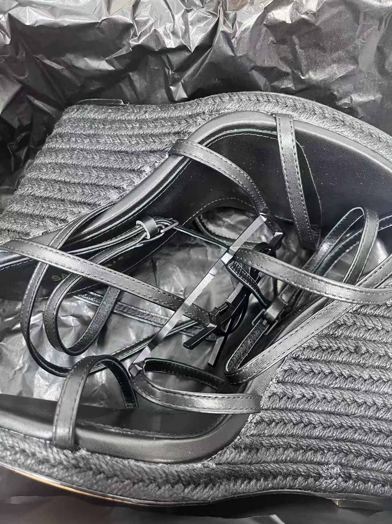 YSL Saint Laurent Logo High-Heeled Wedge Straw Leather Sandals / Heel Height 10.5CM photo review