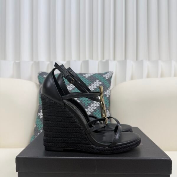 YSL Saint Laurent Logo High-Heeled Wedge Straw Leather Sandals / Heel Height 10.5CM