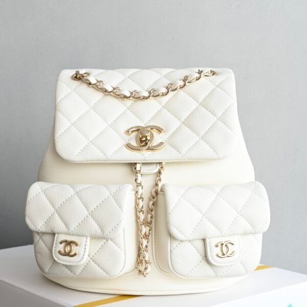 Chanel 𝟐𝟓𝐏 Double Pocket Frog Vintage Backpack White Medium