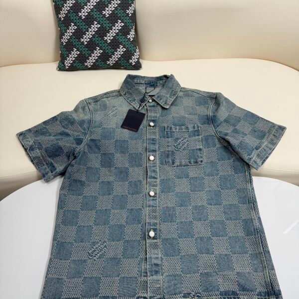 Louis Vuitton checkerboard pearl button denim short sleeve