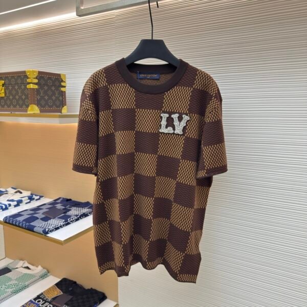 LOUIS VUITTON Brown Grid Nail Bead Woolen Short Sleeve
