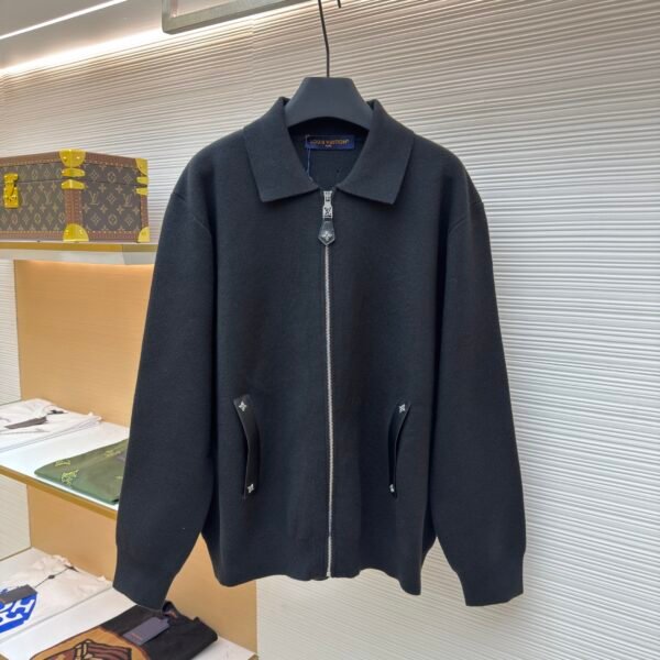 Louis Vuitton Leather and Knitted Wool Zip-Up Cardigan Jacket