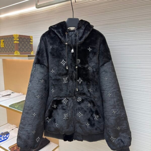 Louis Vuitton rhinestone fur zip-up hooded jacket