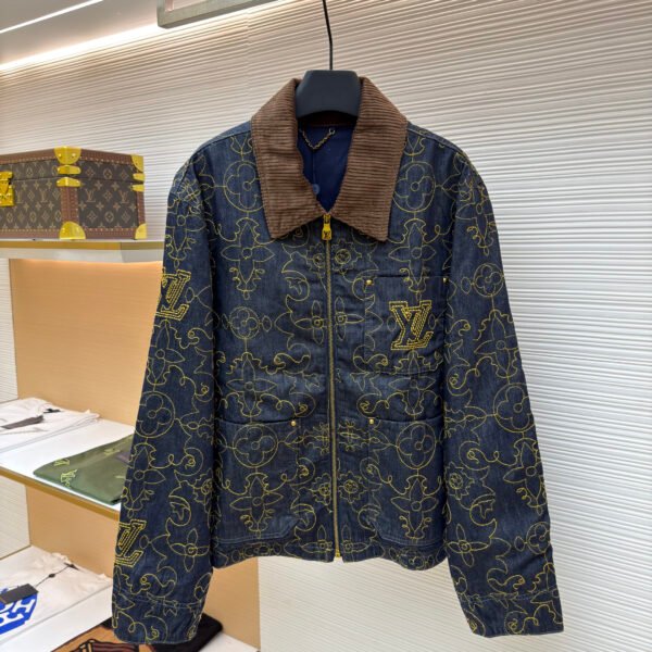 Louis Vuitton black and gold embroidered collar denim jacket