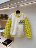 Louis Vuitton cartoon polka dot dog embroidered all-over leather-sleeved baseball jacket
