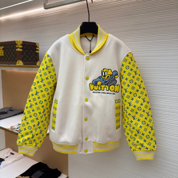 Louis Vuitton cartoon polka dot dog embroidered all-over leather-sleeved baseball jacket